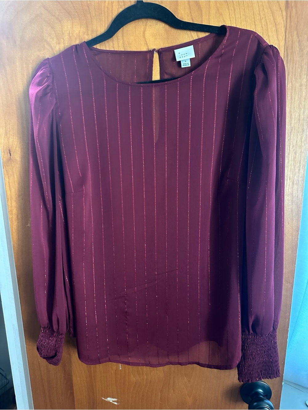 a new day Burgundy Metallic-Striped Long Sleeve Blouse